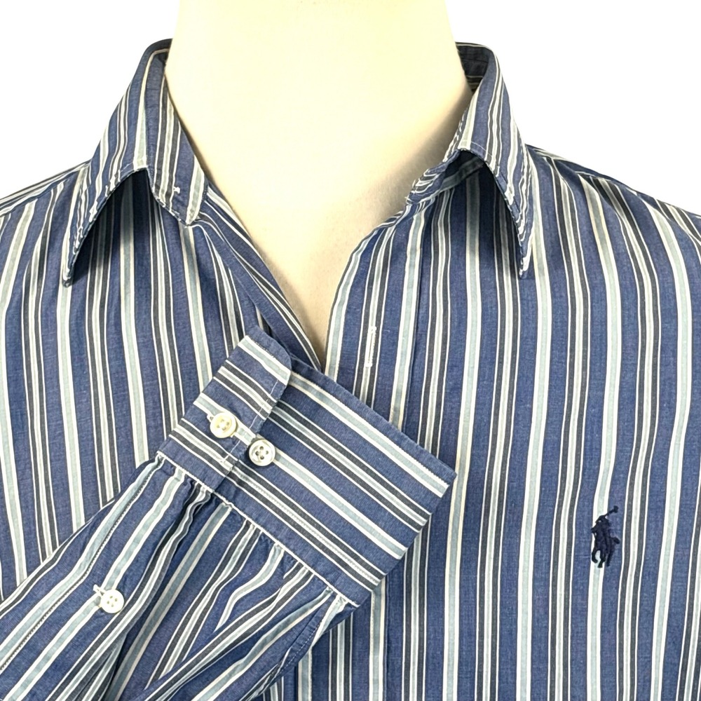 Polo Ralph Lauren Mens Andrew Shirt 16.5 34/35 Blue White Striped Cotton L/S
